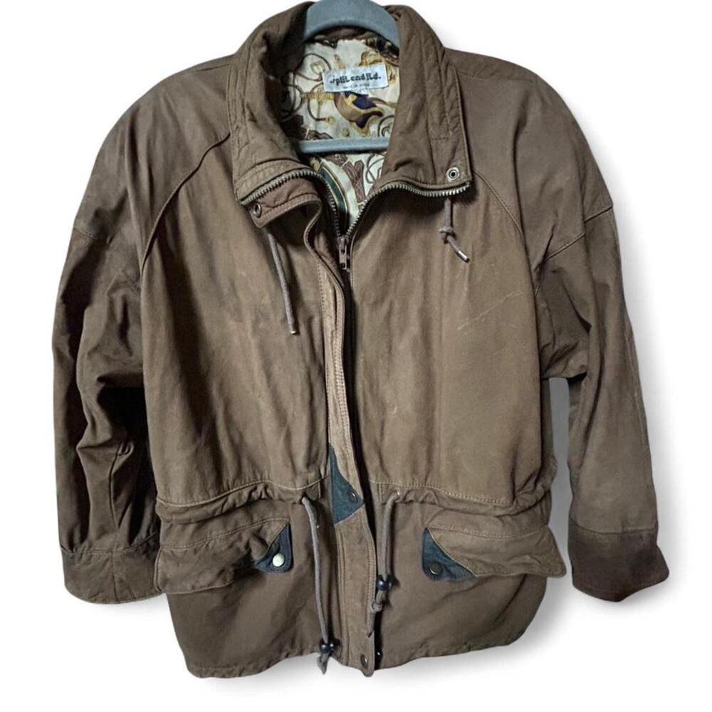 Medium vintage men’s / unisex brown suede leather jacket w art nouveau liner